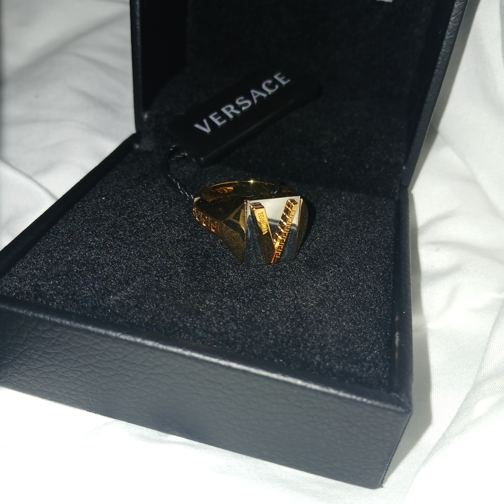 VERSACE GOLD & SILVER "V Logo wGreca Pattern" Men's Ring IT21(US 9.5) NWT/UNWORN